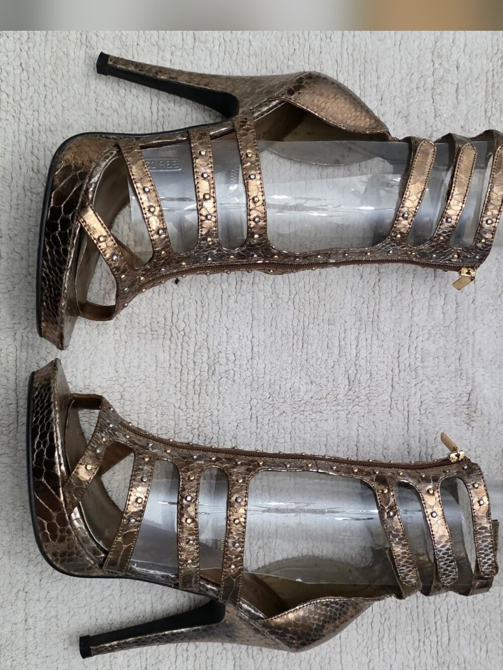 Metallic Bronze Strappy High Heel Sandals Gladiator Y2k - Picture 3 of 8